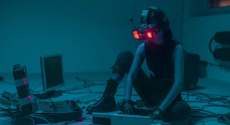 a person sitting on the floor with vr goggles using a computer